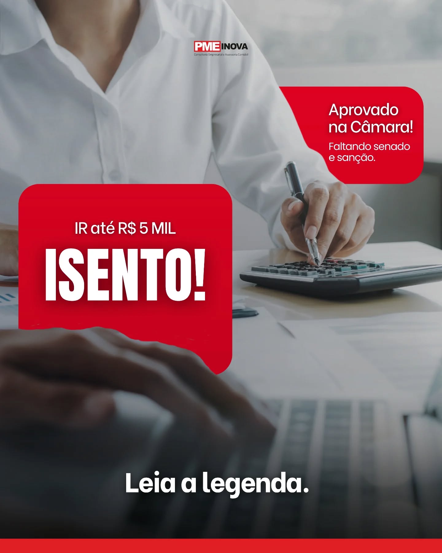 A Câmara dos Deputados aprovou o projeto que amplia a isenção do Imposto de Renda (IR), trazendo um grande impacto para milhões de brasileiros.🔹 Como é hoje: quem ganha até R$ 3.036 por mês não paga IR.🔹 Como pode ficar: quem ganha até R$ 5.000 por mês ficaria totalmente isento.🔹 E quem ganha mais? Entre R$ 5.000,01 e R$ 7.350, o imposto seria reduzido, aliviando o peso no bolso.⚠️ Importante: ainda falta o Senado aprovar e o Presidente sancionar para que a medida passe a valer.👉 Na PME Inova, acompanhamos de perto cada mudança tributária para manter você bem informado e preparado. Quer entender como essa alteração pode afetar o seu caso? Estamos prontos para ajudar!📲 Fale com a nossa equipe e fique por dentro das novidades fiscais.#ImpostoDeRenda #IsençãoIR #Contabilidade #GestãoFinanceira #PMEInova #Tributação #Economia #IR2025 #EducaçãoFinanceira #Empreendedorismo