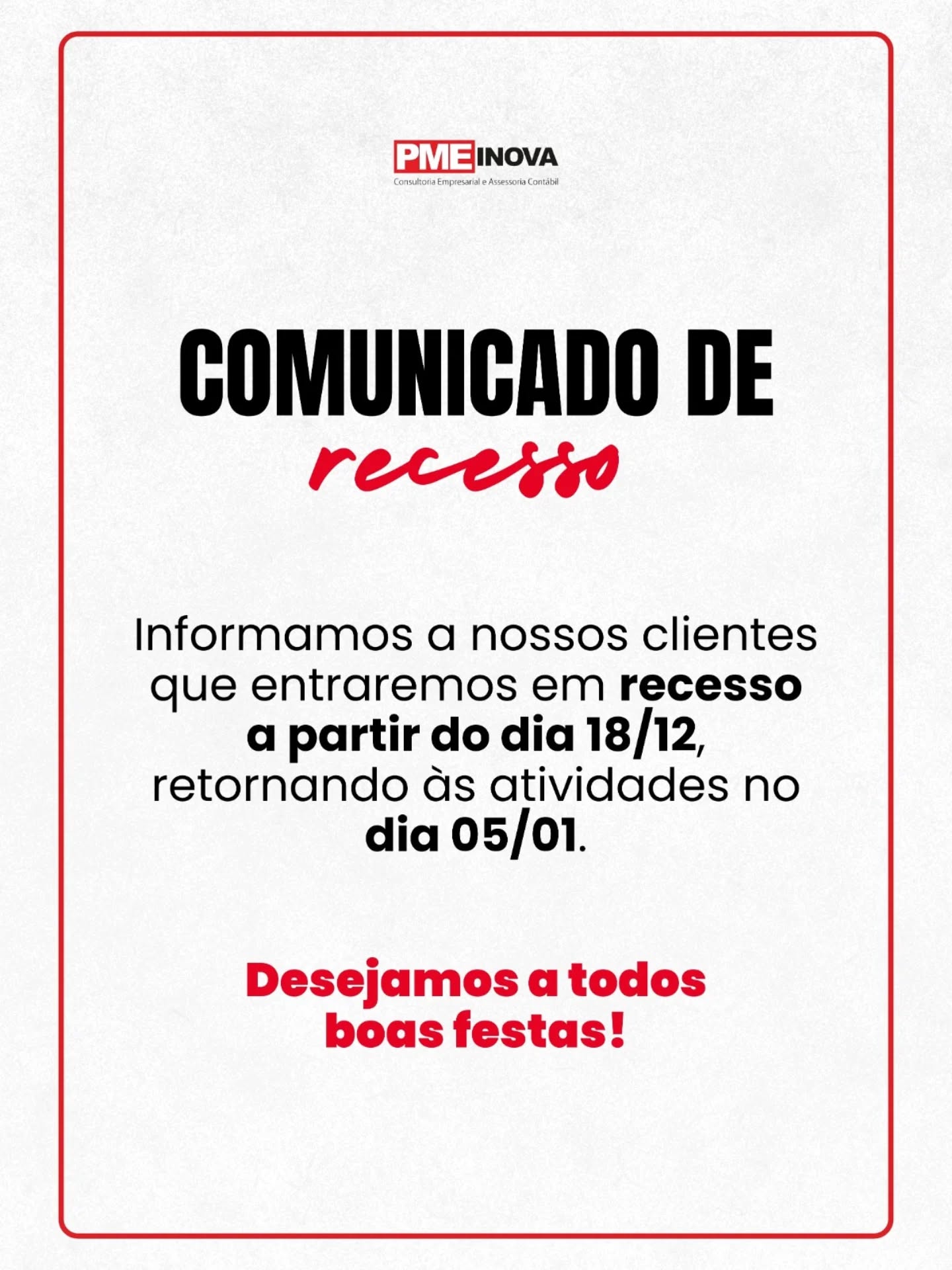 A PME Contabilidade também vai tirar um tempinho para recarregar as energias!
Entraremos em férias coletivas partir do dia 18 e retornaremos dia 5 de janeiro.Durante esse período, nossa equipe estará se preparando para voltar com ainda mais foco e dedicação.Nos vemos em breve!⚡#pmecontabilidade #fériascoletivas #contabilidade
#empreendedorismo #negócios