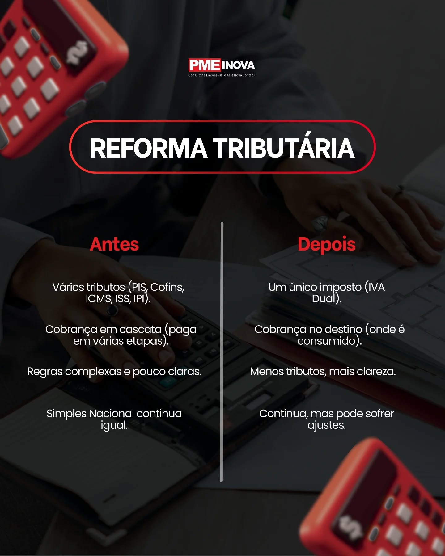 A Reforma Tributária chegou para simplificar e trazer mais clareza ao sistema de impostos no Brasil. 📊🔴 Antes: diversos tributos, cobrança em cascata e regras complicadas.
🟢 Depois: menos tributos, mais transparência e cobrança no destino do consumo.Na PME Inova, estamos prontos para ajudar sua empresa a entender e se adaptar a essas mudanças com segurança e estratégia. 🚀#reformatributaria #gestaotributaria #contabilidade #pmeinova #negocios #tributos