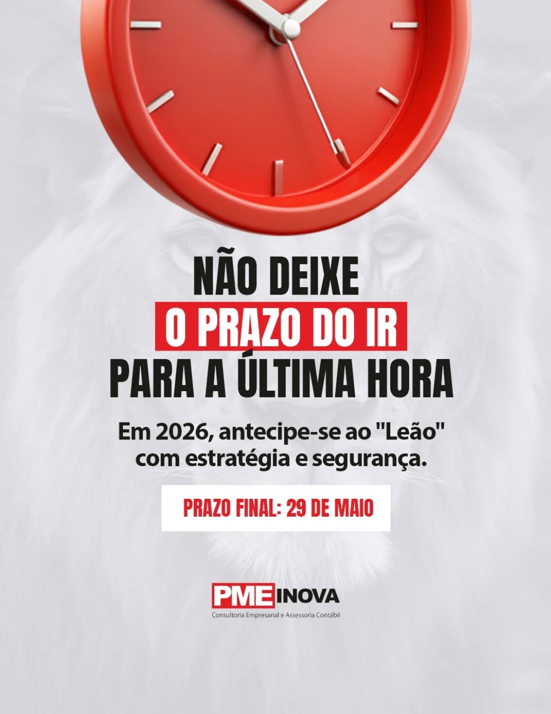 Você prefere enfrentar o Leão sozinho ou ter uma equipe de especialistas ao seu lado? 🦁
O prazo final é 29 de maio, mas a sua tranquilidade pode começar hoje. Evite a correria do último momento e garanta uma declaração impecável, feita com foco em estratégia e segurança fiscal.A PME Inova assume a frente da sua prestação de contas para que você não precise se preocupar com multas ou inconsistências. Sua segurança patrimonial é nossa prioridade. Clique no link da bio ou entre em contato:(11) 93001-3393 | (11) 98223-4421
atendimento@pmeinova.com.br#ir2026 #consultoriafiscal #pme #contabilidade#segurancafinanceira